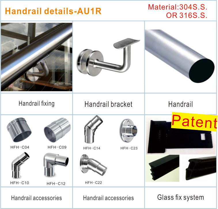 Frameless u channel glass handrails high quality railing glass fastener system