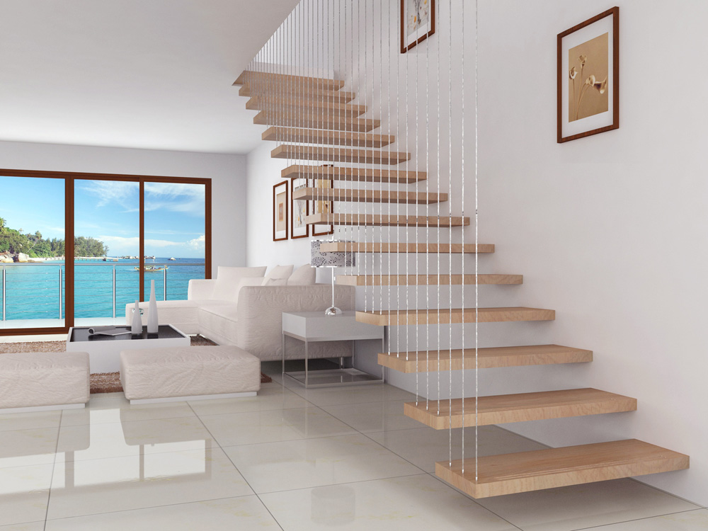 Modern floating staircase non-slip strips cable railing hardware(HS-FLOATING-WT-WIRE)