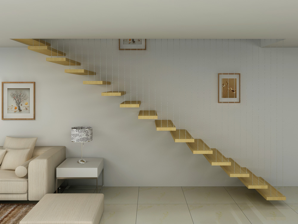 Modern floating staircase non-slip strips cable railing hardware(HS-FLOATING-WT-WIRE)