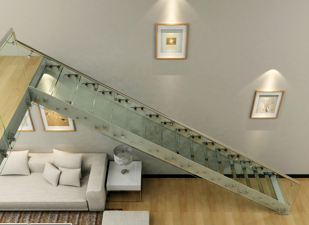 Double steel straight plates open riser glass staircase with standoff railing(HS-IP stringer-GT-PF)