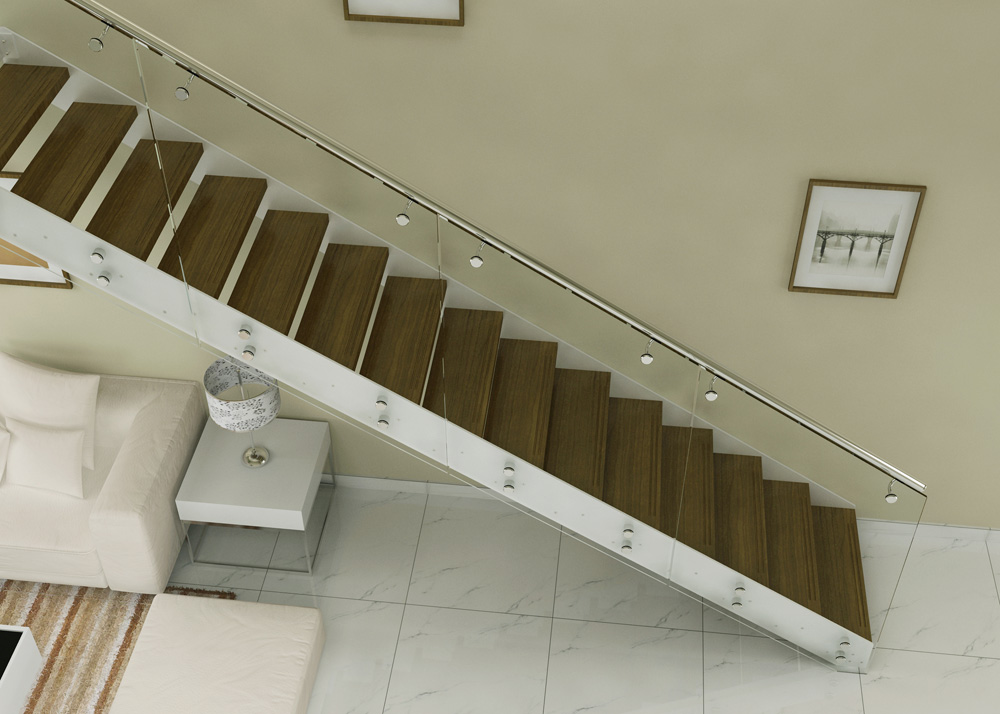 straight stairs with s.s standoff glass handrail wood stairway(HS-IP-STRINGER-WT-PF)