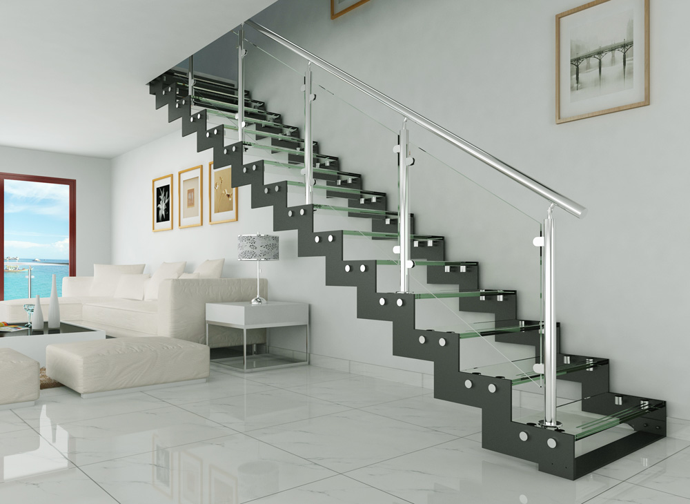 zig-zag stringer straight crystal glass stair railing loft ladder(HS-ZP STRINGER-GT-23)