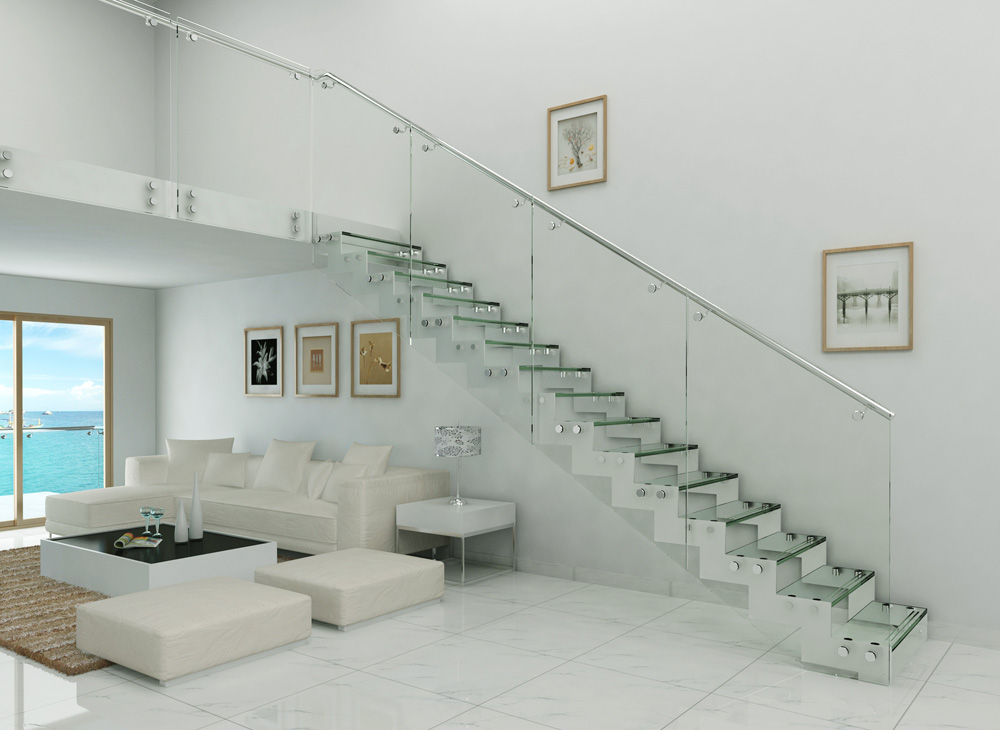 Tempered glass panel stairs glass railing straight staircase(HS-ZP STRINGER-GT-PF)