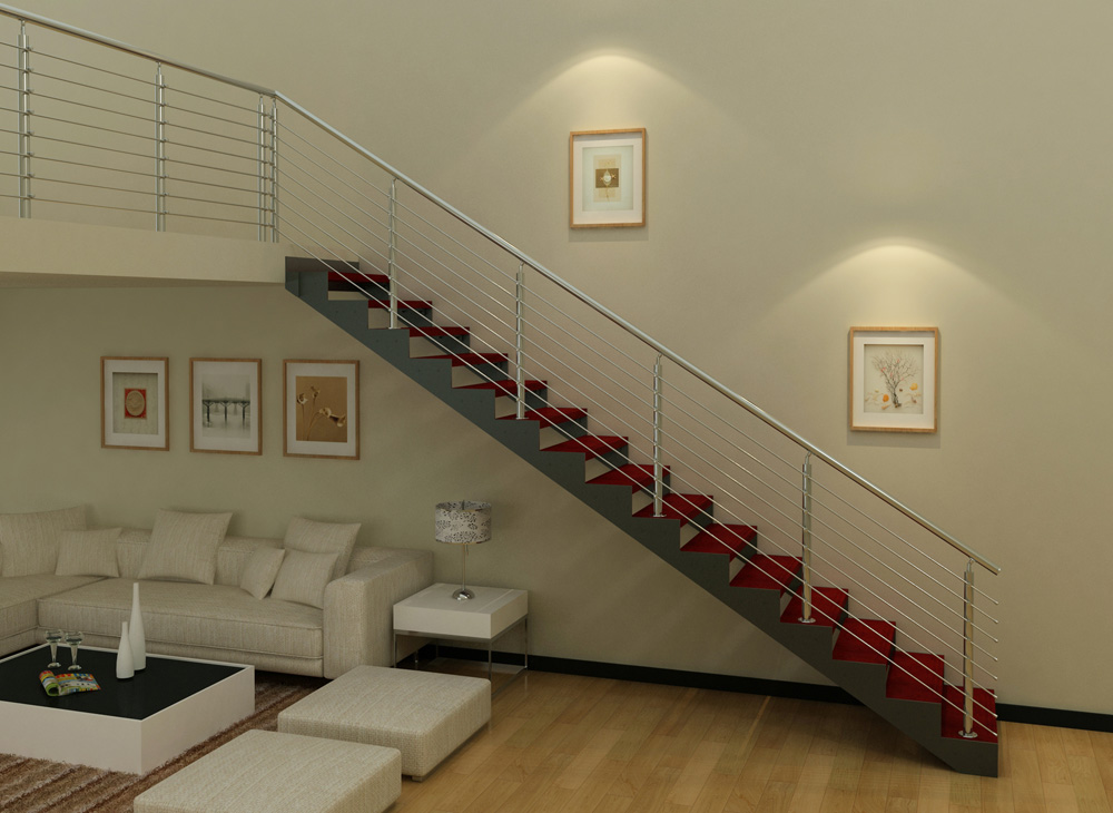 Metal and wood stairs with stainless steel rod balustrade(HS-DP STRINGER-WT-06)