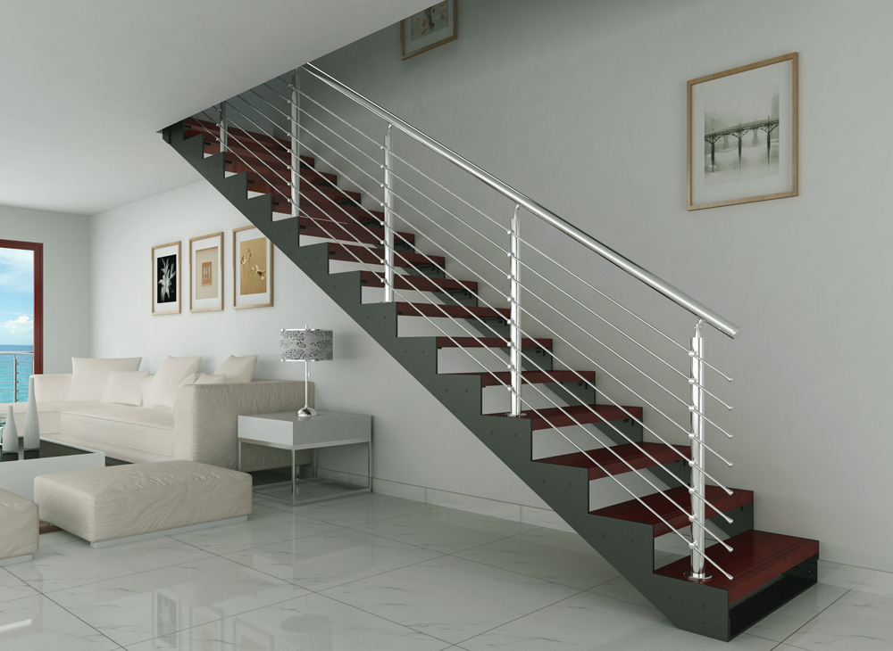 Metal and wood stairs with stainless steel rod balustrade(HS-DP STRINGER-WT-06)