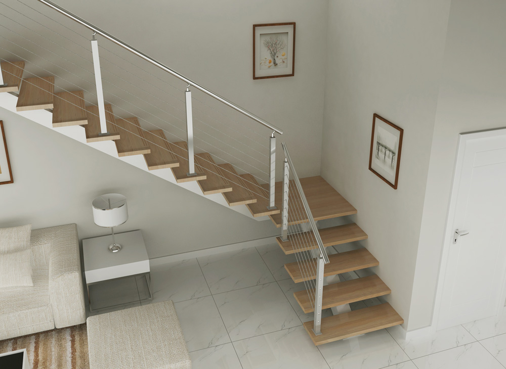DIY straight staircase solid wood stairs price with wire railing(HS-RHS BEAM-WT-24)