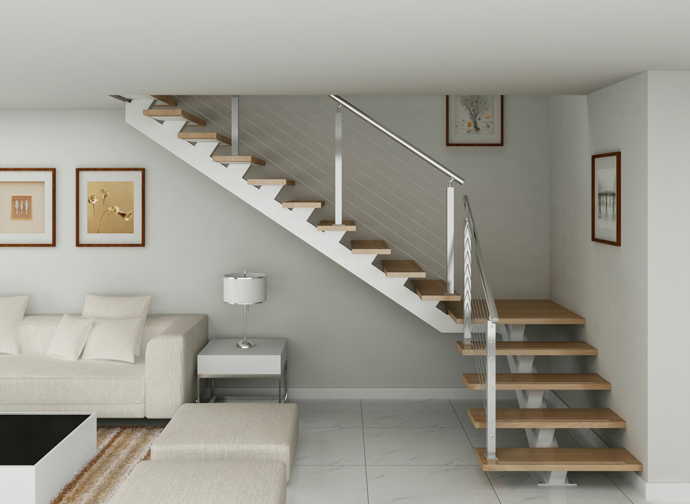 DIY straight staircase solid wood stairs price with wire railing(HS-RHS BEAM-WT-24)