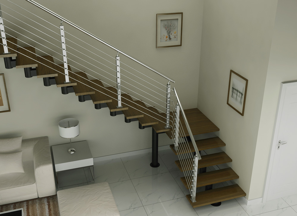 L shaped wood stairs with steel cable wooden stair(HS-SM BEAM-GT-34)